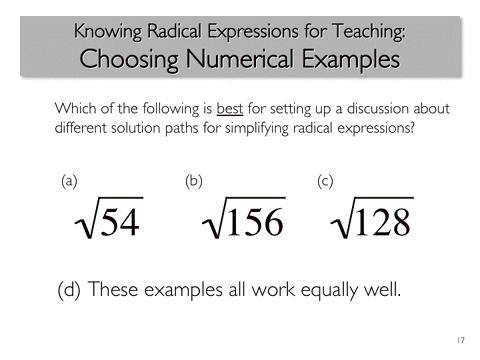 Knowing Radical Expressions for Teaching - Choosing Numerical Examples